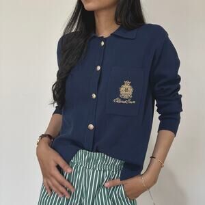 ELL And Emm Sienna Knit Navy Blue Gold Buttons Collared Cardigan Crest S/M